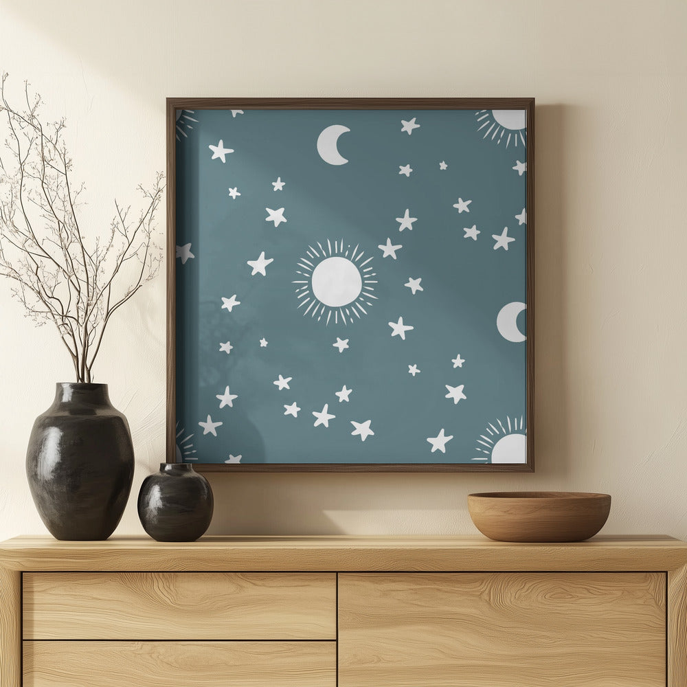 Celestial Dreamscape - Neutral Stars &amp; Shooting Stars Nursery- Slate Blue Poster