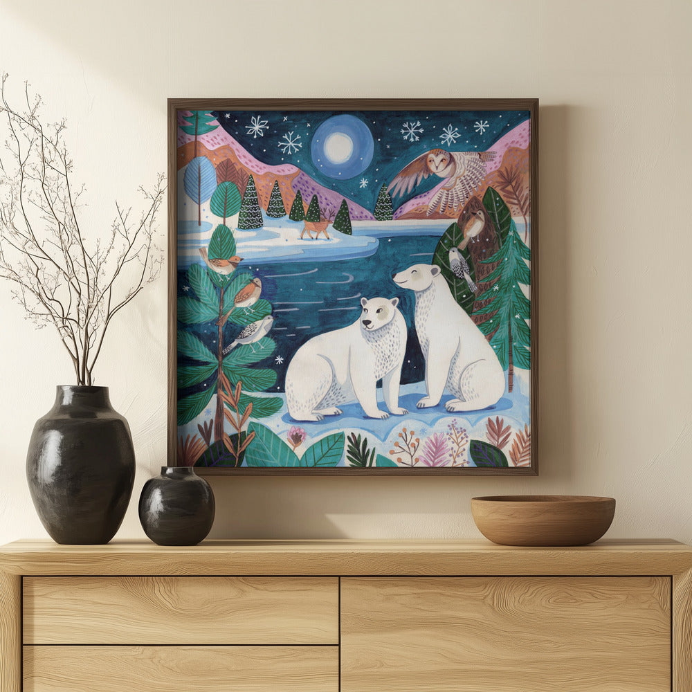 Polar bears Christmas at the North Pole under the moon Poster
