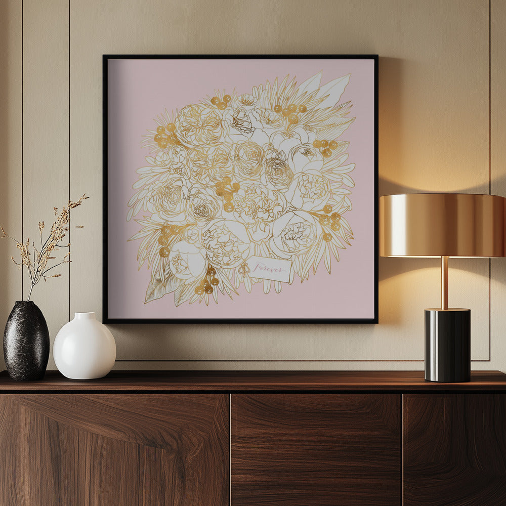 Forever Rekha floral bouquet in gold and pink Poster