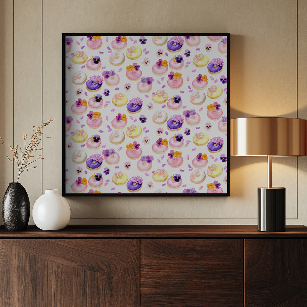 Floral watercolor donuts pattern Poster