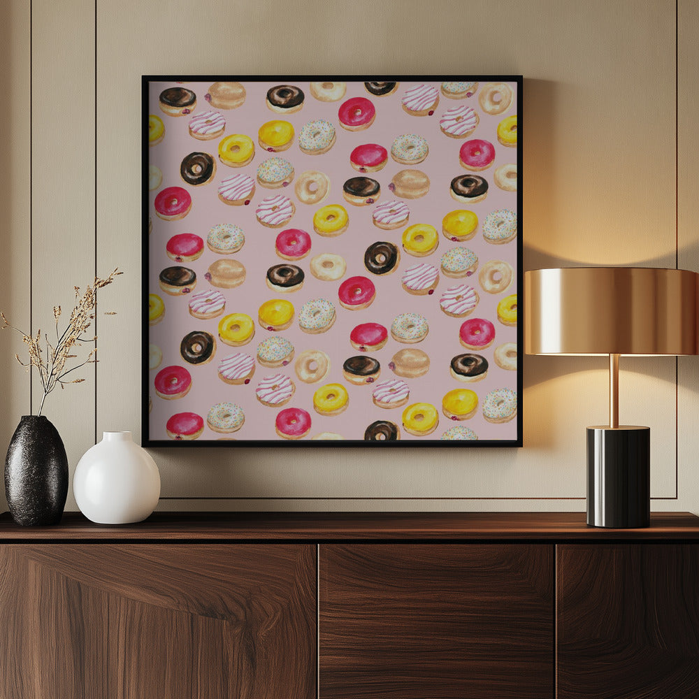 Watercolor donuts pattern in pink Poster