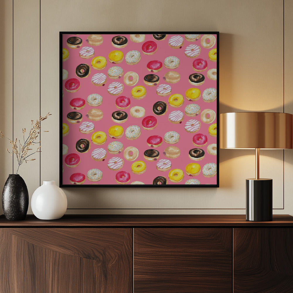 Watercolor donuts pattern in hot pink Poster