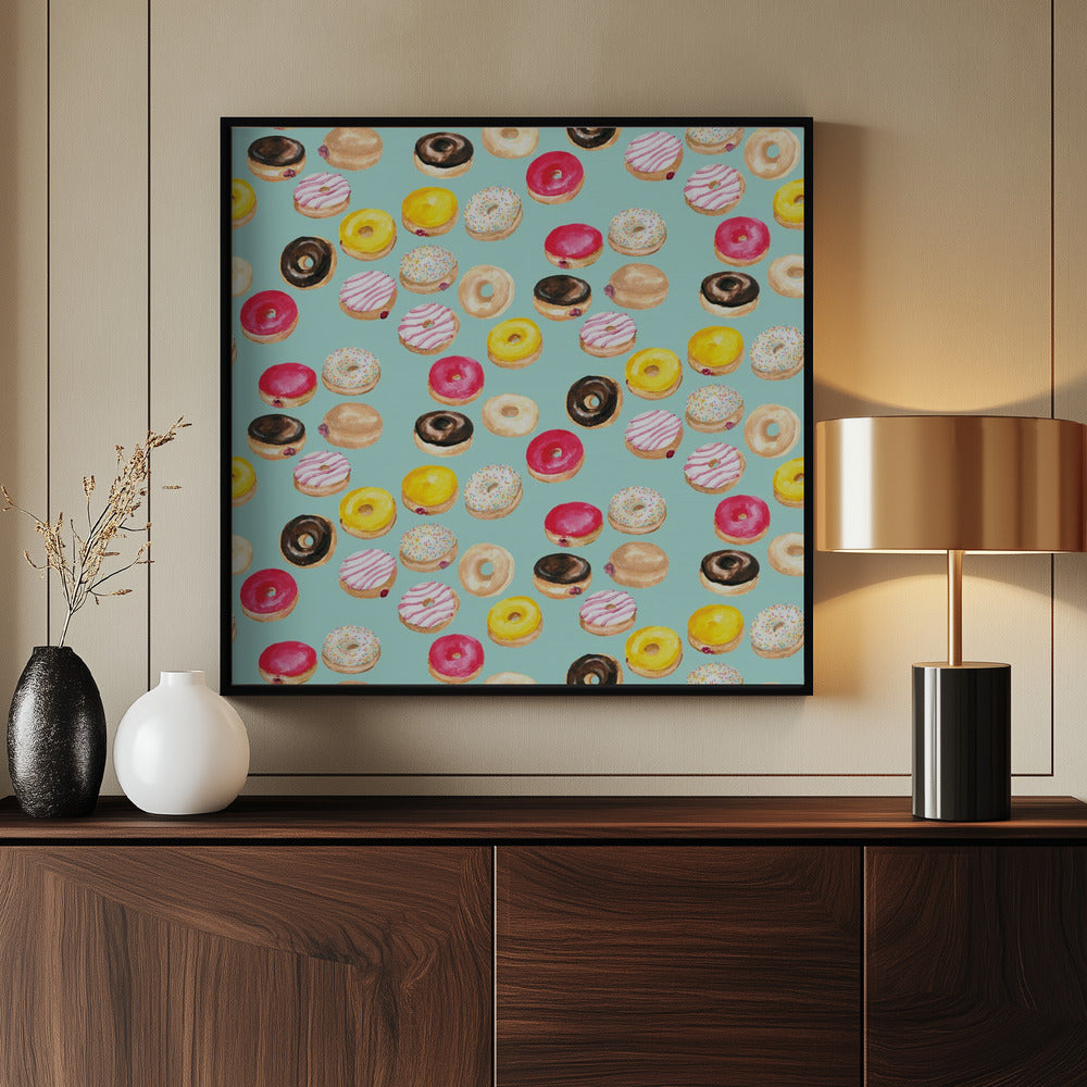 Watercolor donuts pattern in aqua Poster