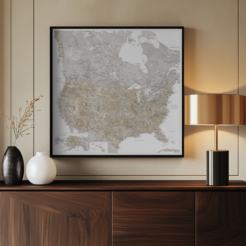 Highly detailed map of the United States and Canada Poster