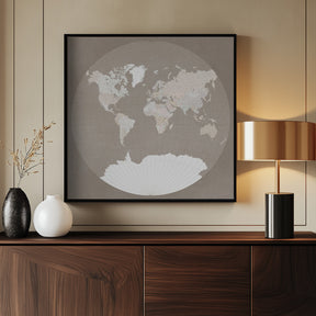 The world map in a circle, muted brown Poster