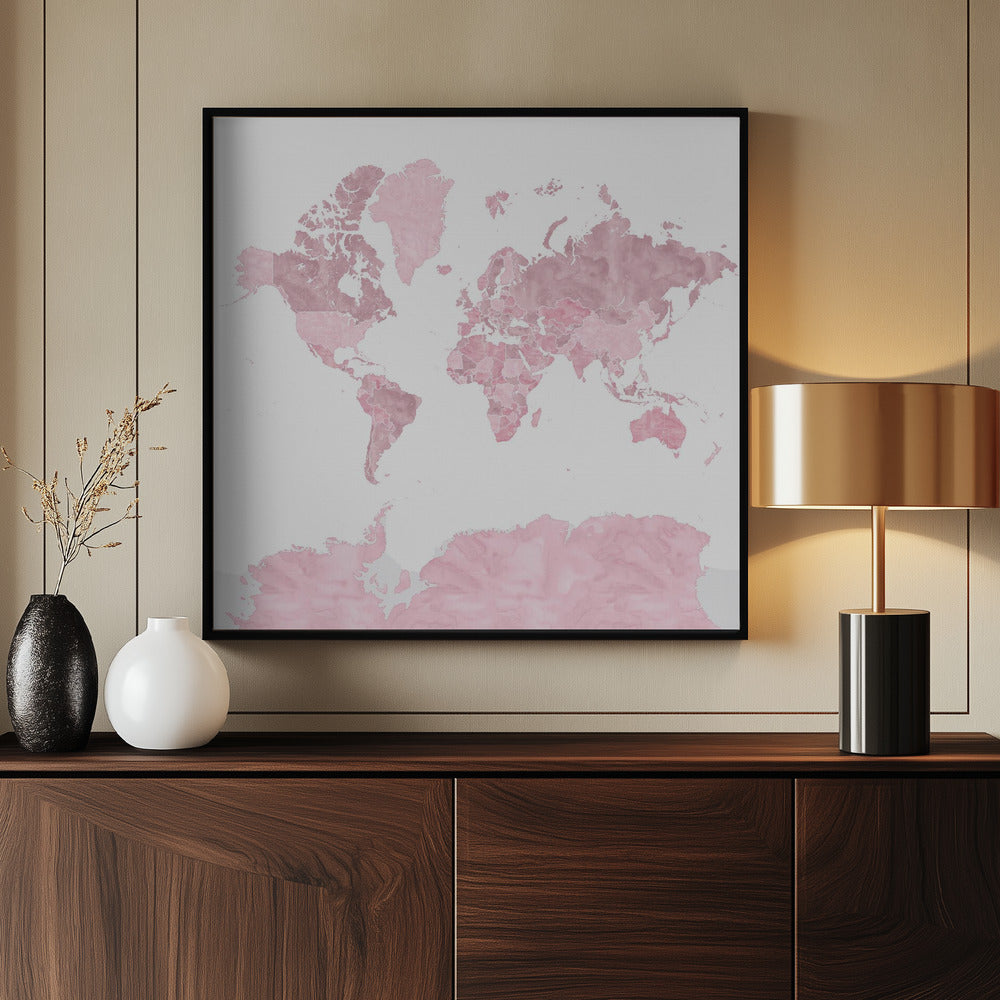 Pink watercolor world map with outlined countries, Melit Poster