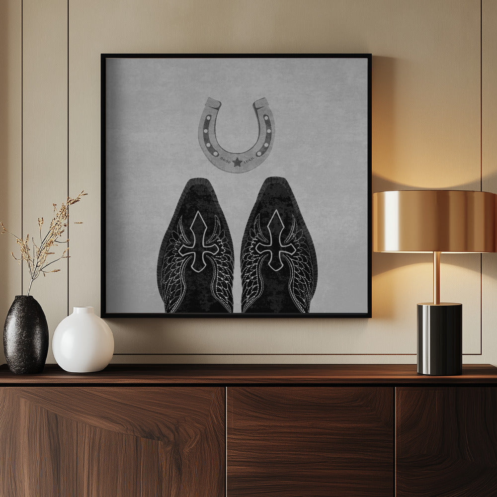 Bw Cowboy Boots and Horseshoe Poster