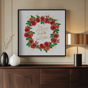 Holiday wishes wreath of red English roses Poster