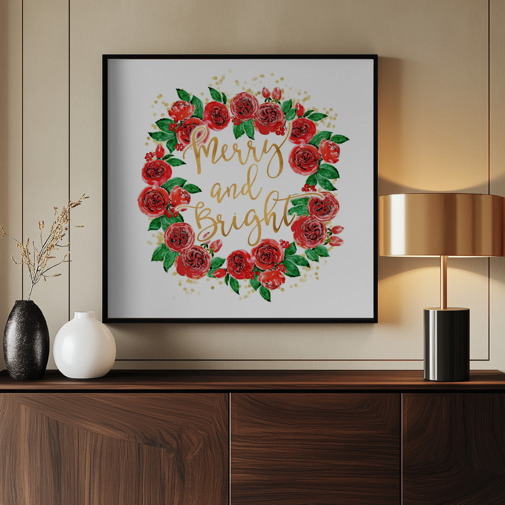 Merry and bright wreath of red English roses Poster