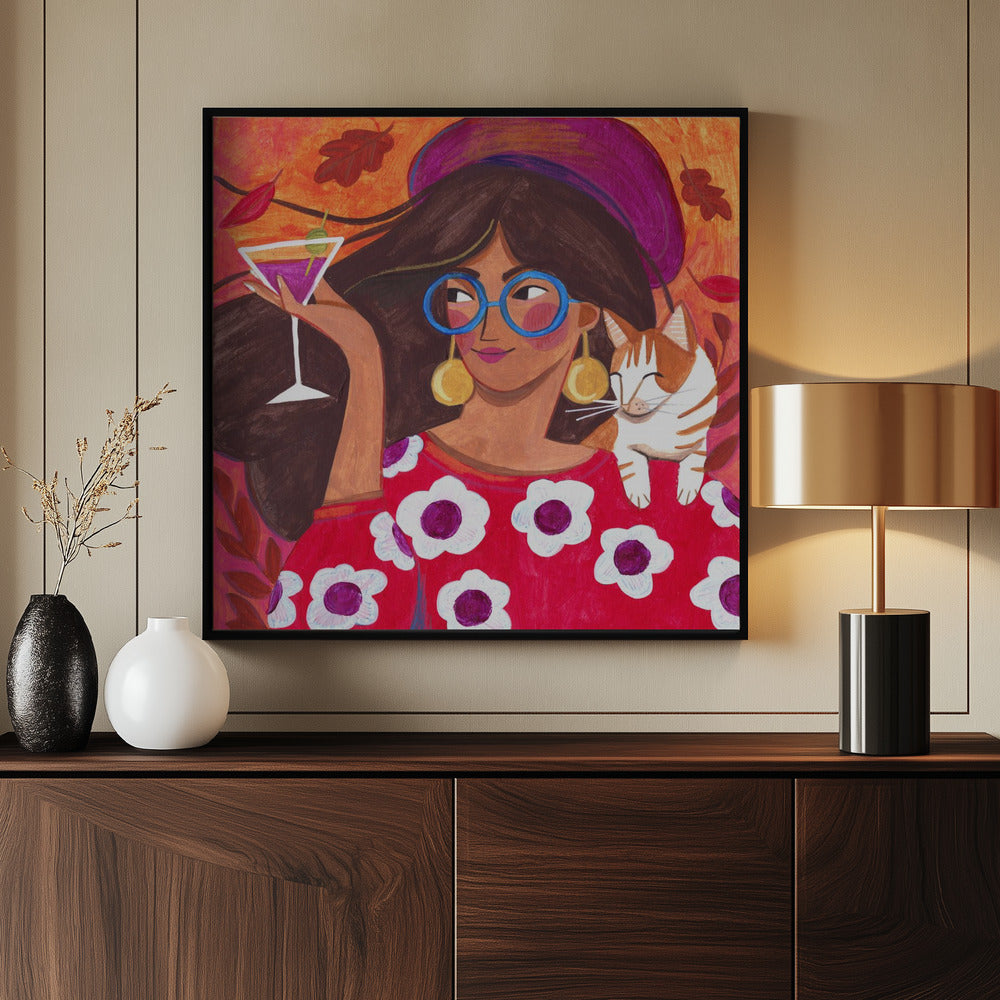 Modern Autumn portrait Woman with Cat Poster