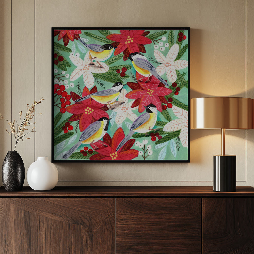 Winter birds tits and Christmas flowers Poster