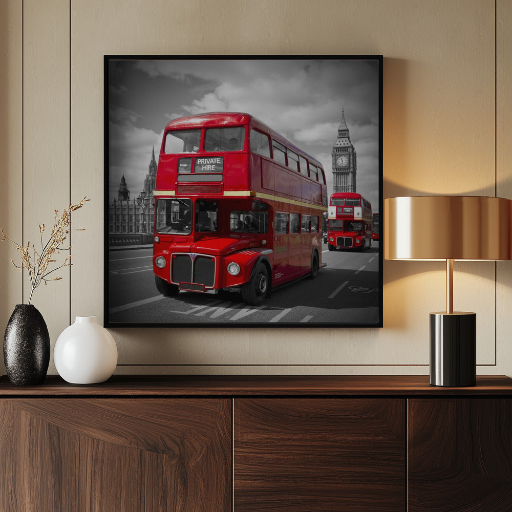 LONDON Red Buses on Westminster Bridge Poster