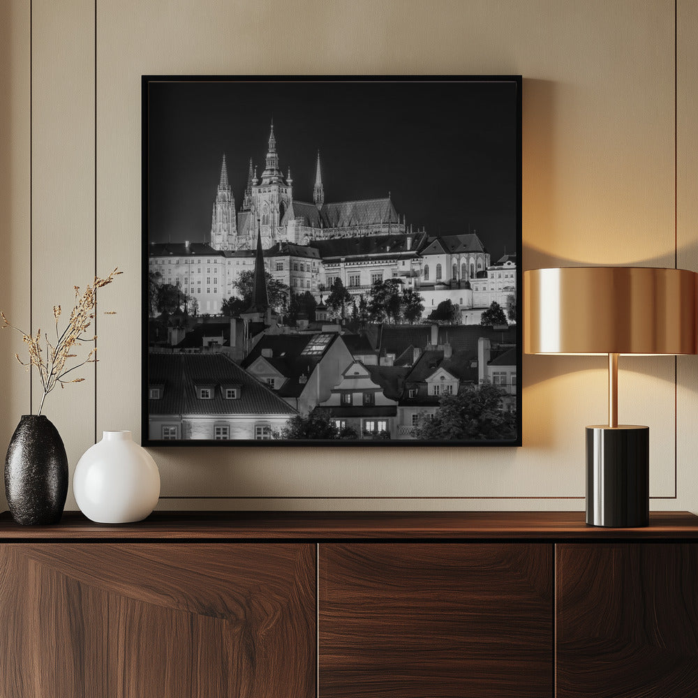 Prague Castle and St. Vitus Cathedral by night - Monochrome Poster