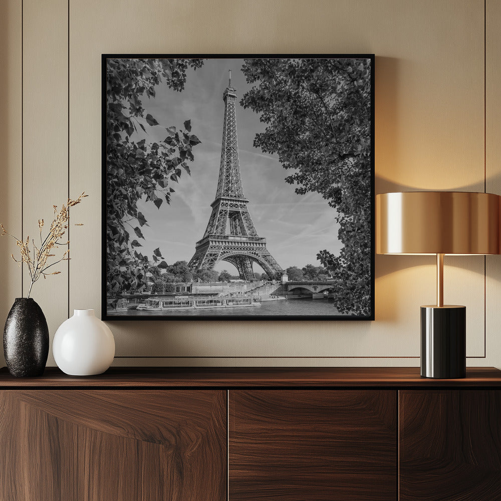 PARIS Eiffel Tower &amp; River Seine - Monochrome Poster