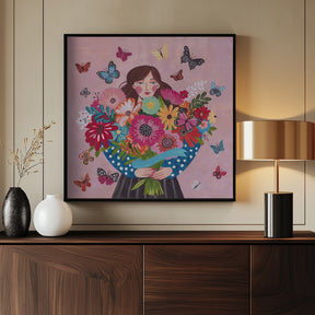 Woman with flower bouquet Poster