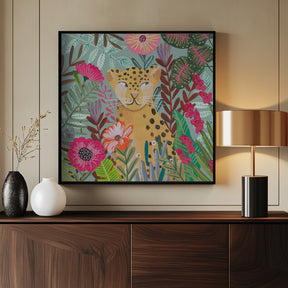 Leopard in floral jungle Poster