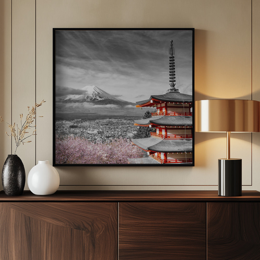 Lovely view of Mount Fuji with Chureito Pagoda during cherry blossom season - colorkey Poster