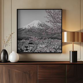 Charming view of Mount Fuji during cherry blossom season - colorkey Poster