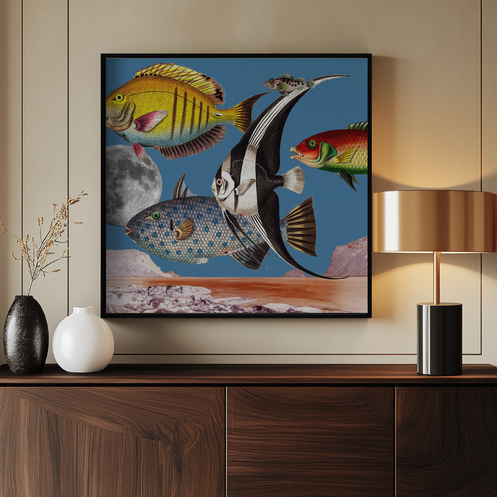 Fish World Blue - Digital Collage Poster