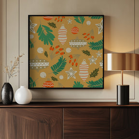 Christmas Baubles and Winter Foliage Yellow Poster