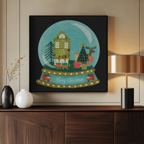 Christmas Snow Globe Village with Deer Family  - Merry Christmas Poster