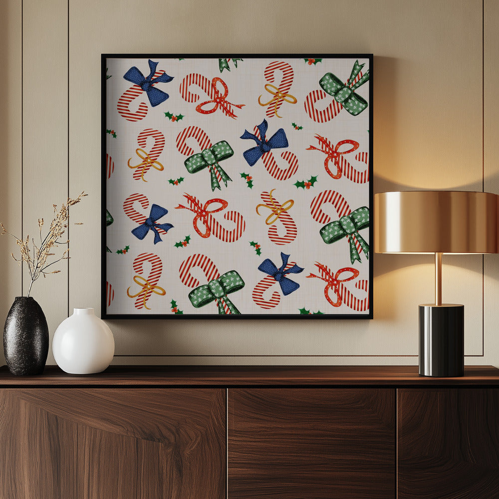 Preppy Festive Candy Cane &amp; Bows Beige Poster