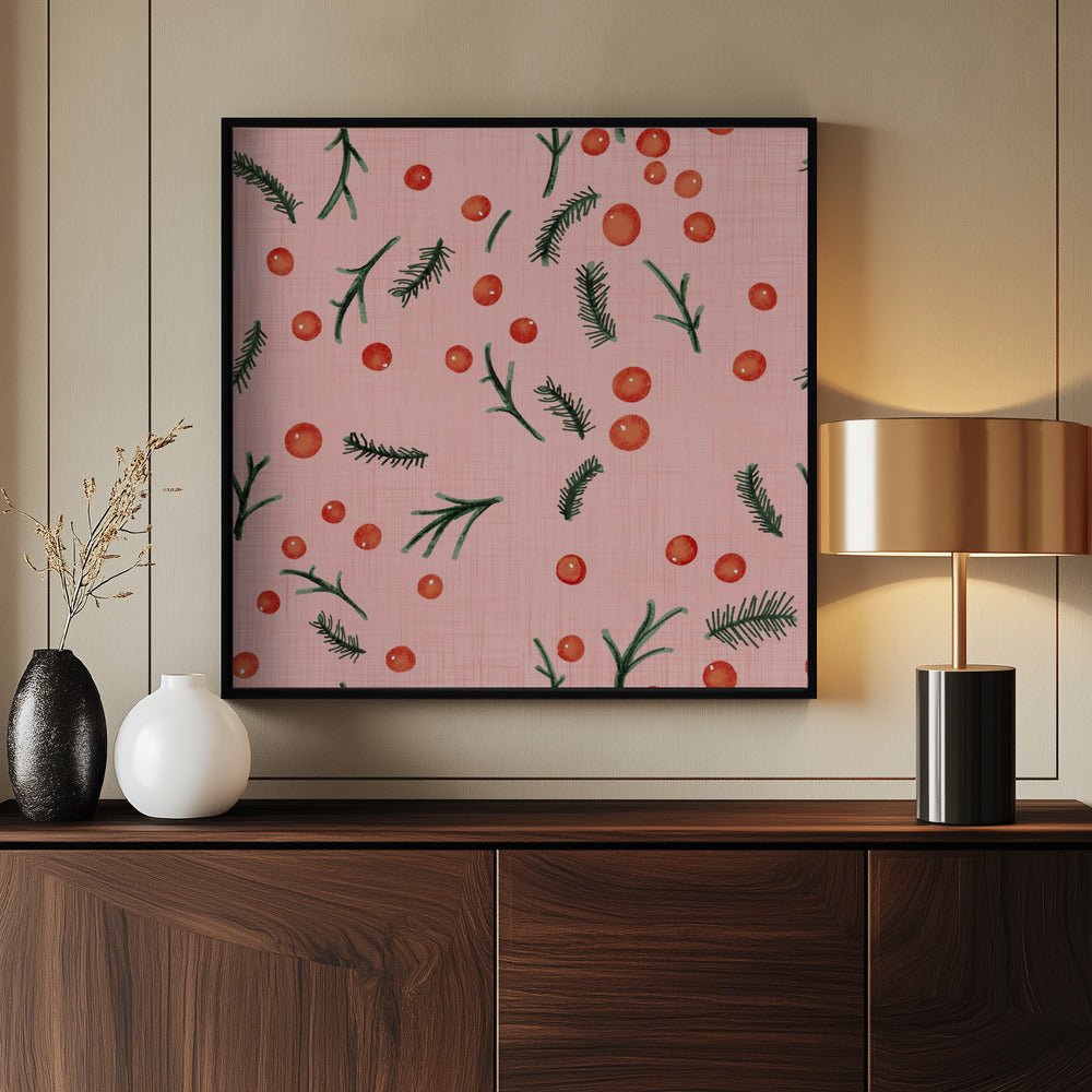 Holiday Branches &amp; Berries Pink Poster