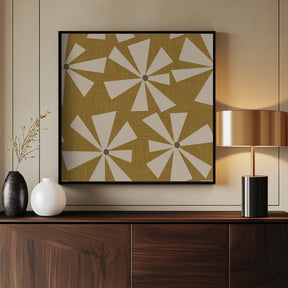 Geometric Floral Burst - Mid Century Flowers Mustard Poster