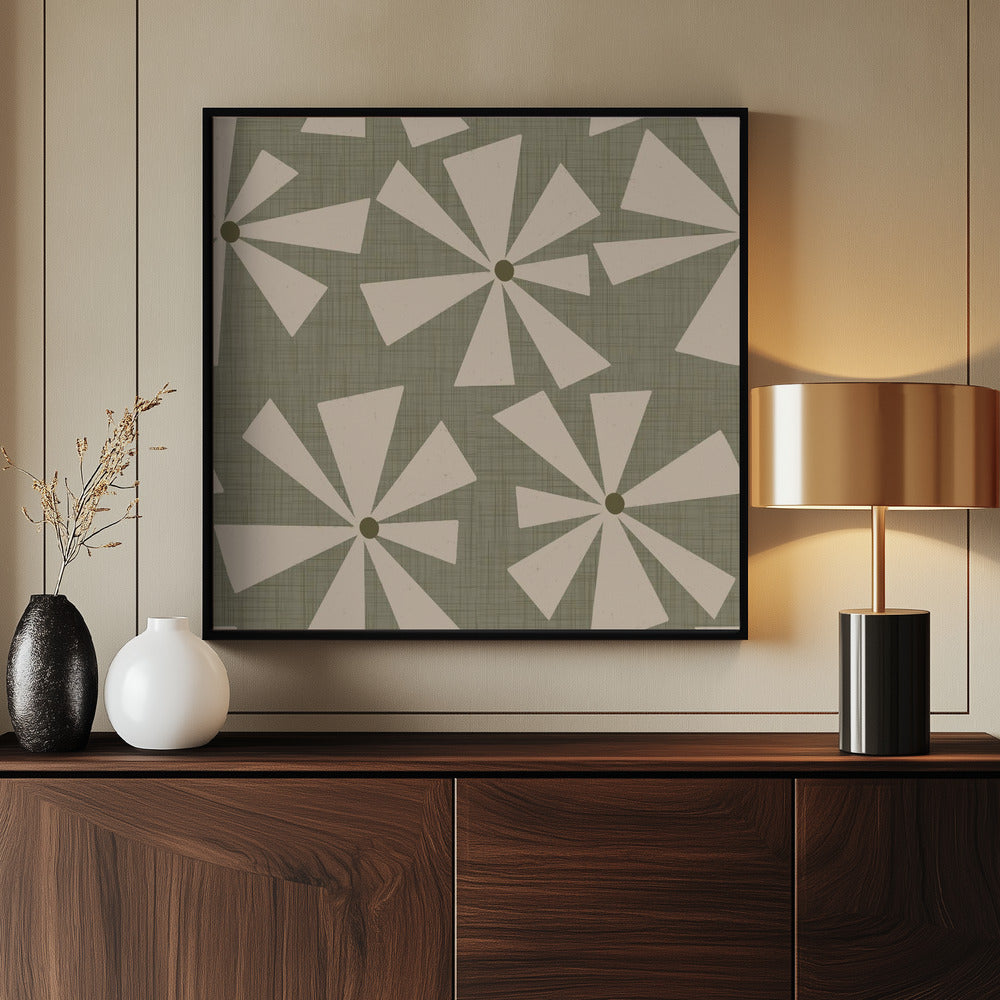 Geometric Floral Burst - Mid Century Flowers Sage Poster