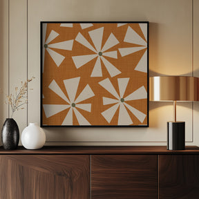 Geometric Floral Burst - Mid Century Flowers Ocher Poster