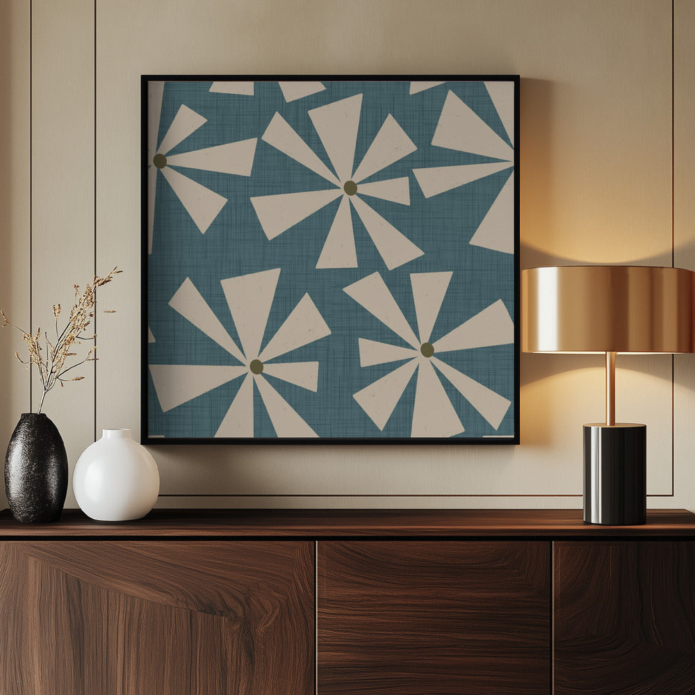 Geometric Floral Burst - Mid Century Flowers Slate Teal Poster