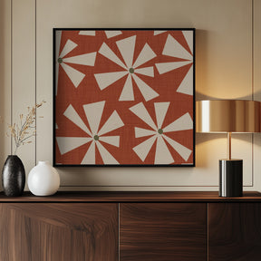 Geometric Floral Burst - Mid Century Flowers Rust Red Poster