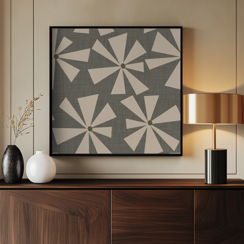 Geometric Floral Burst - Mid Century Flowers Taupe Poster