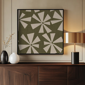 Geometric Floral Burst - Mid Century Flowers Olive Poster