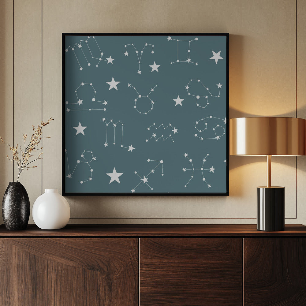 Celestial Constellation Boho-Moon and Stars In Dark Neutral-Slate Teal Poster