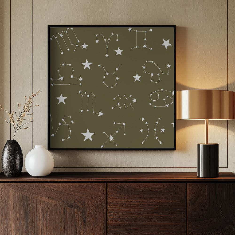 Celestial Constellation Boho-Moon and Stars In Dark Neutral-Olive Poster