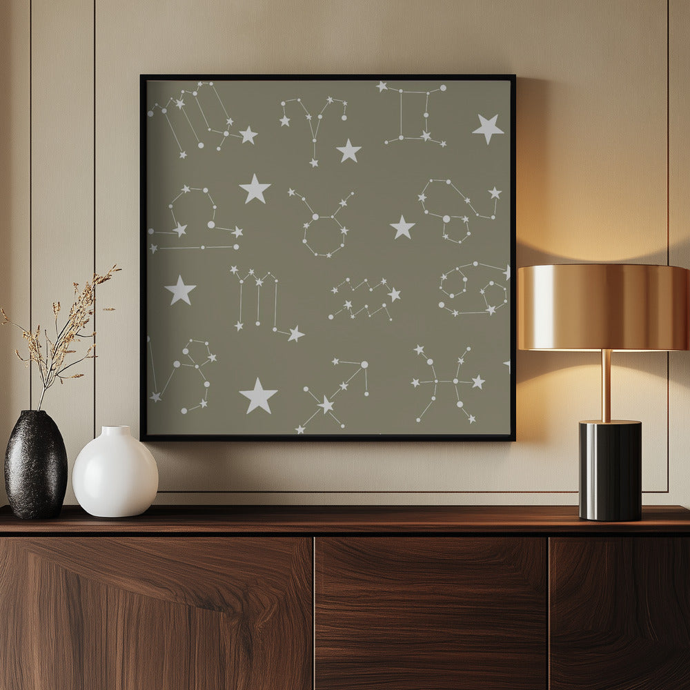 Celestial Constellation Boho-Moon and Stars In Dark Neutral - Olive Slate Poster