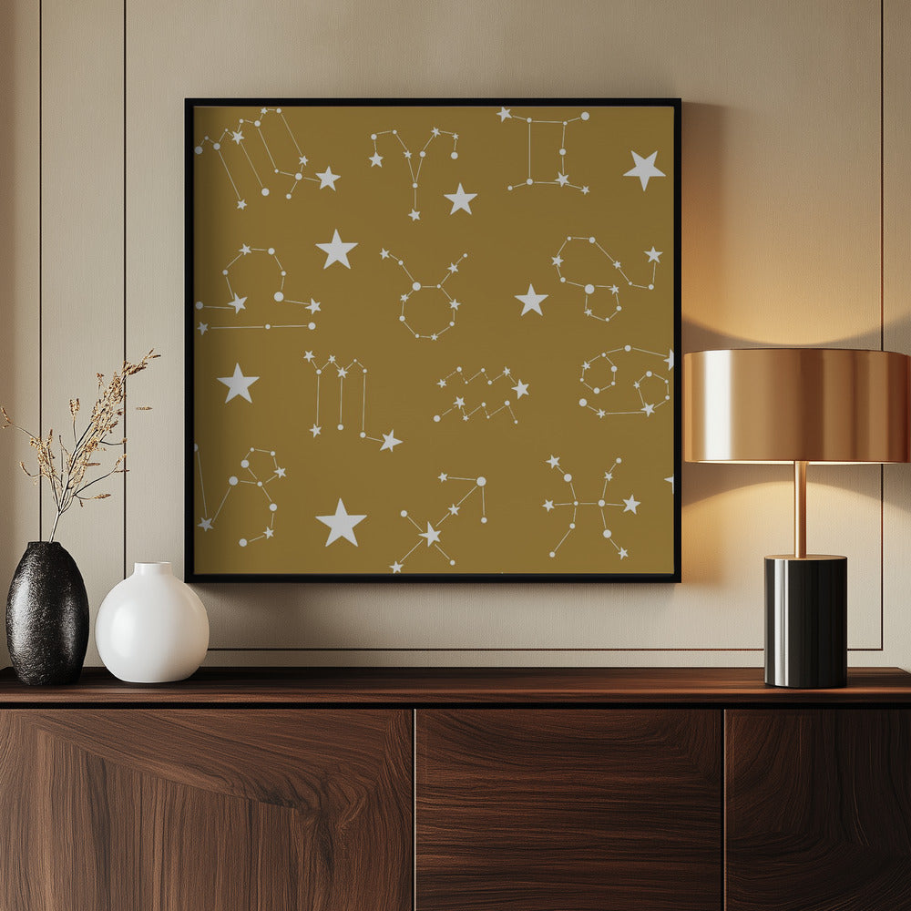 Celestial Constellation Boho-Moon and Stars In Dark Neutral-Mustard Poster