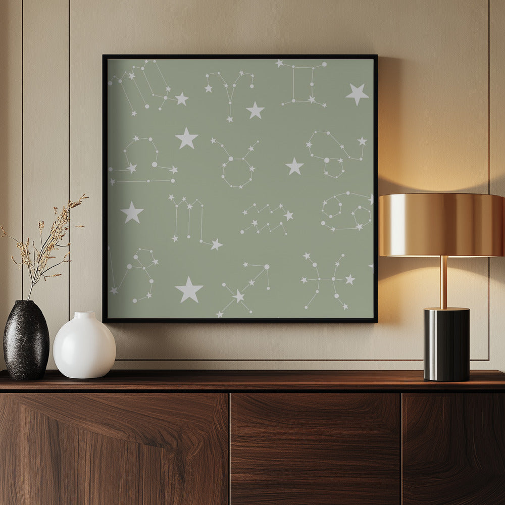 Celestial Constellation Boho-Moon and Stars In Dark Neutral- Sage Poster