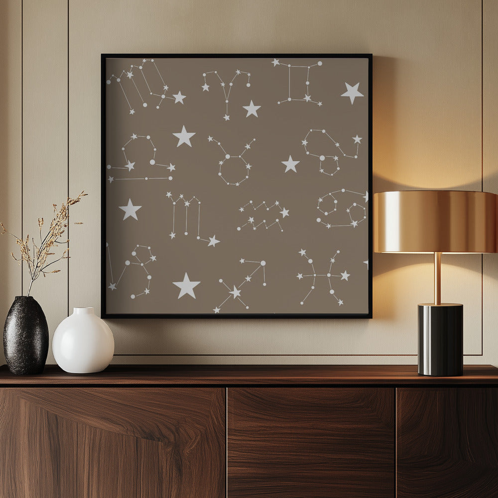 Celestial Constellation Boho-Moon and Stars In Dark Neutral- Taupe Poster