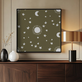 Celestial Dreamscape - Neutral Stars &amp; Shooting Stars Nursery- Olive Poster