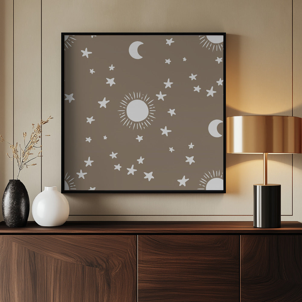 Celestial Dreamscape - Neutral Stars &amp; Shooting Stars Nursery- Taupe Poster