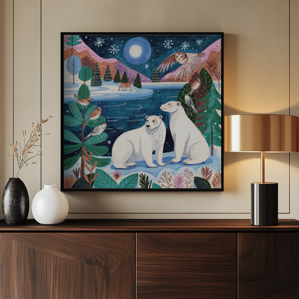 Polar bears Christmas at the North Pole under the moon Poster