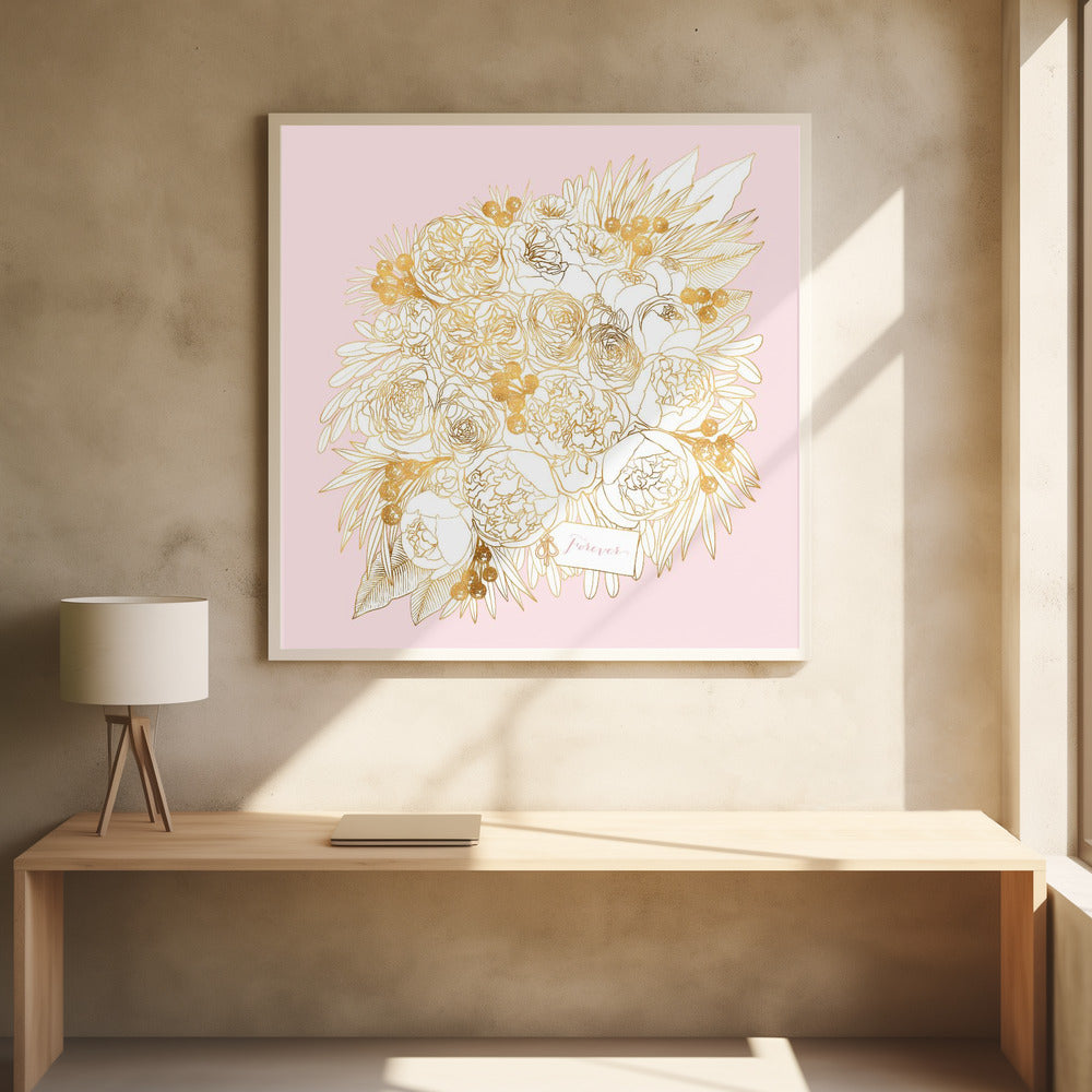 Forever Rekha floral bouquet in gold and pink Poster