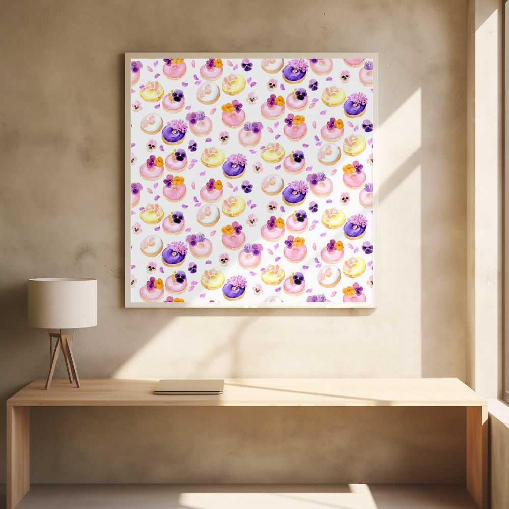 Floral watercolor donuts pattern Poster