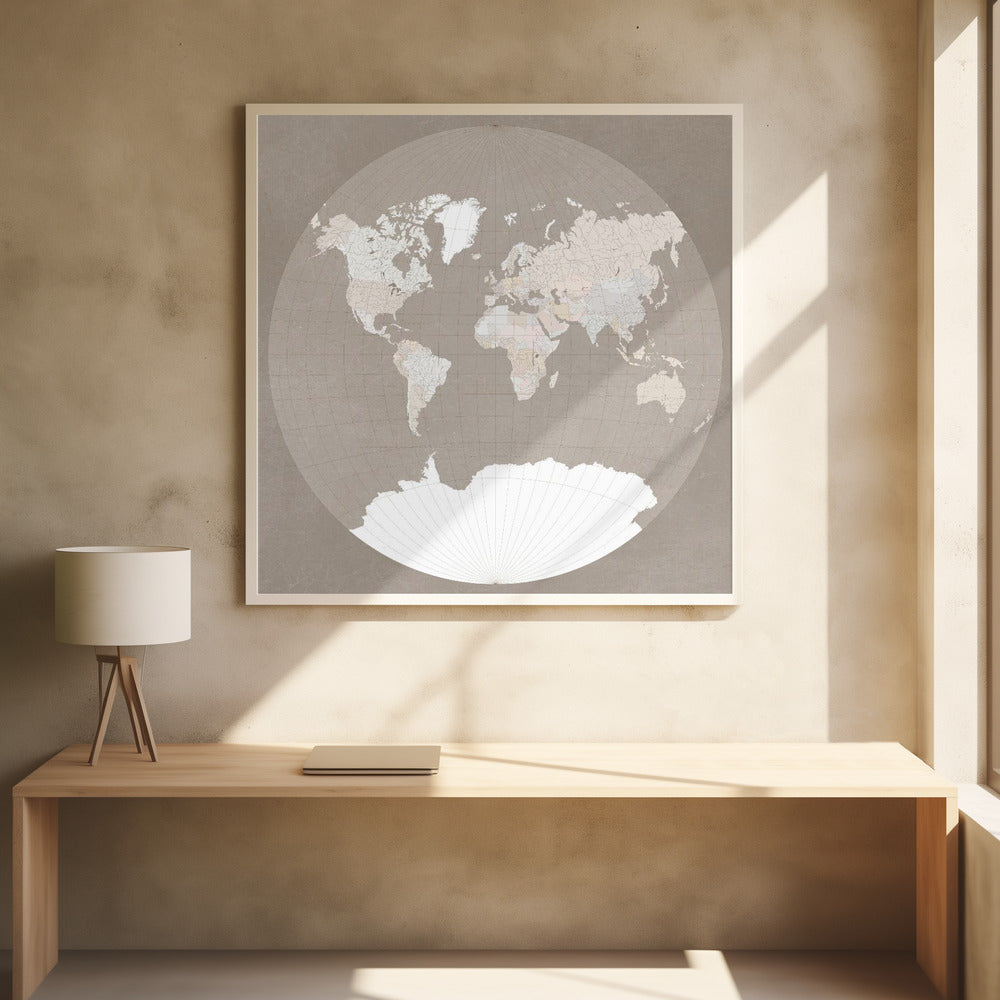 The world map in a circle, muted brown Poster