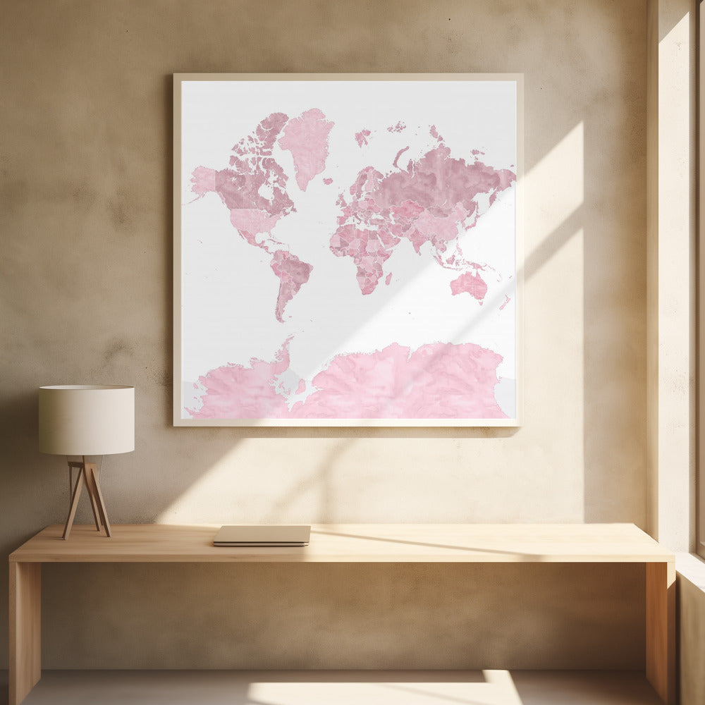 Pink watercolor world map with outlined countries, Melit Poster