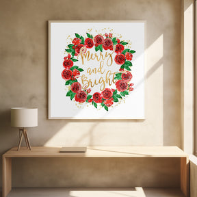 Merry and bright wreath of red English roses Poster