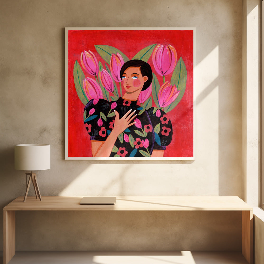 Abstract Modern Portrait Woman with Tulips Poster