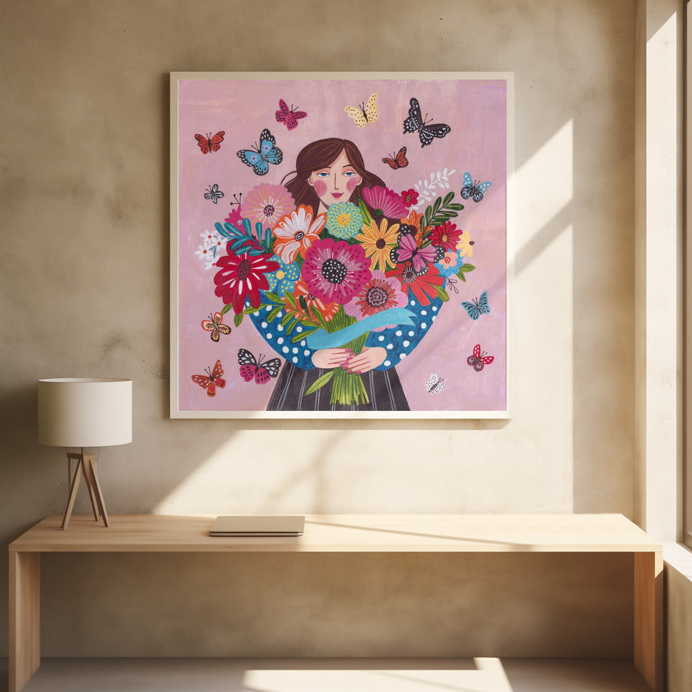 Woman with flower bouquet Poster